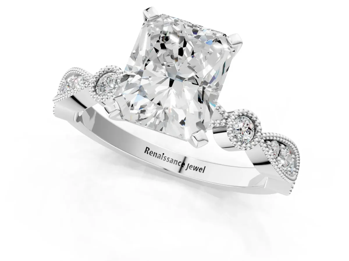 Radiant Cut Milgrain Bezel Diamond Engagement Ring with Solitaire Prong Setting Platinum