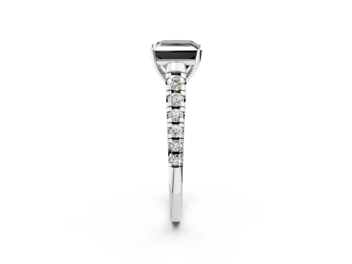 Fancy Black Princess Cut Diamond Cathedral Solitaire Ring with Round Pavé Band Silver