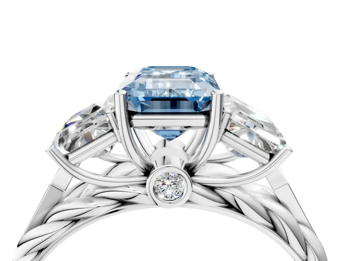 Fancy Blue Three-Stone Emerald Cut Diamond Braided Band Ring with Four-Prong Setting Platinum