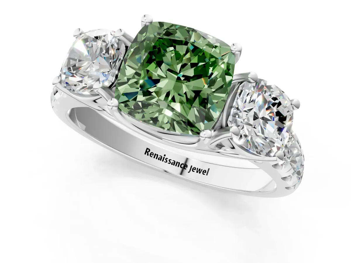 Fancy Green Three-Stone Cushion Cut Diamond Pavé Band with Prong Setting Platinum