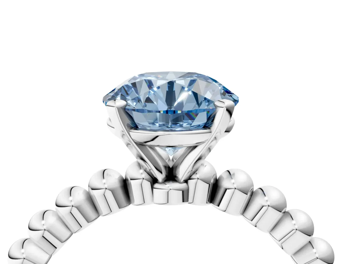 Fancy Blue Round Cut Diamond Solitaire Ring with Beaded Band and Prong Setting Platinum