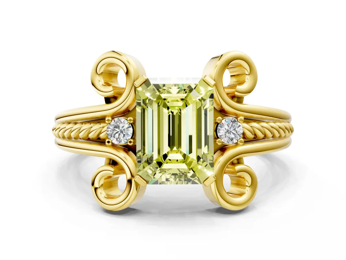 Fancy Yellow Emerald Cut Solitaire Twisted Band Scroll Prong Ring Yellow gold