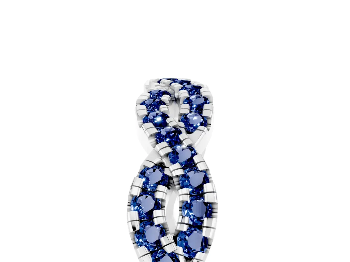 Round Blue Sapphire Twisted Eternity Band with Pavé and Shared Prong Setting Silver