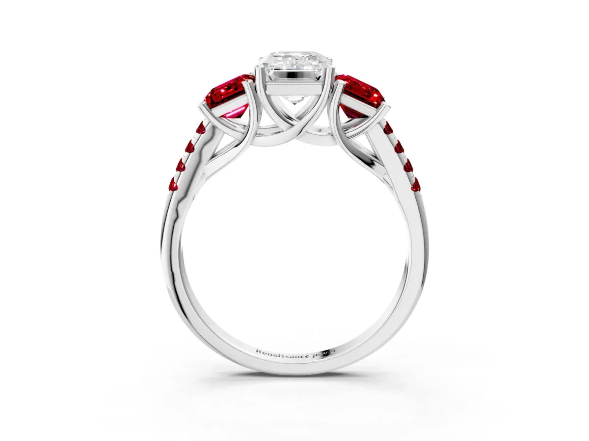 Three-Stone Emerald Cut Diamond Ring with Round Ruby Pavé Band and Prong Setting Platinum