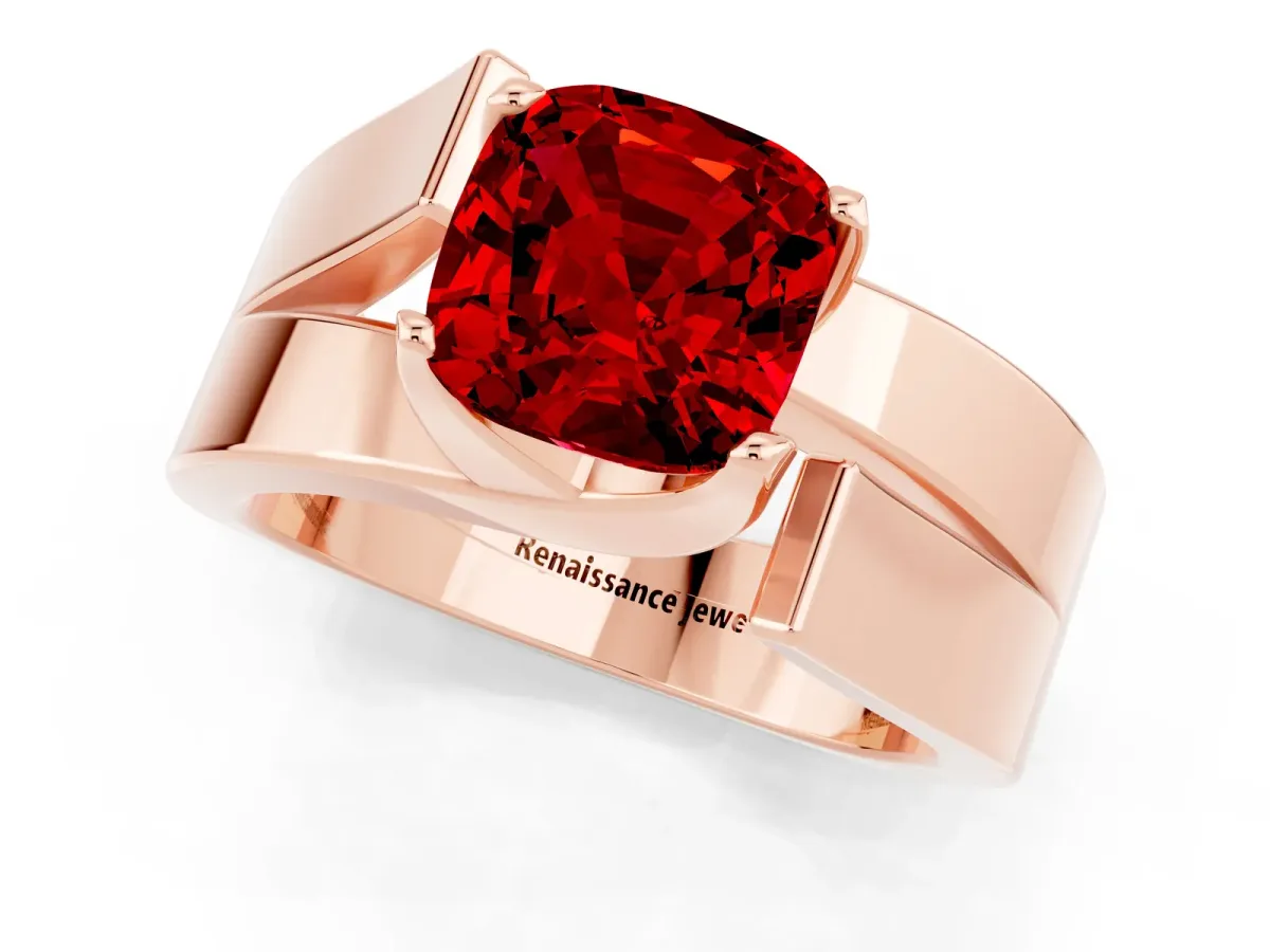 Modern Tension Set Cushion Cut Ruby Solitaire Wide Band Ring Rose gold
