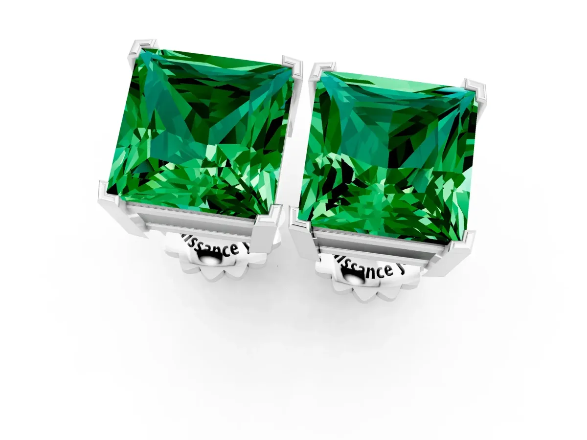 Princess Cut Emerald Stud Earrings Platinum