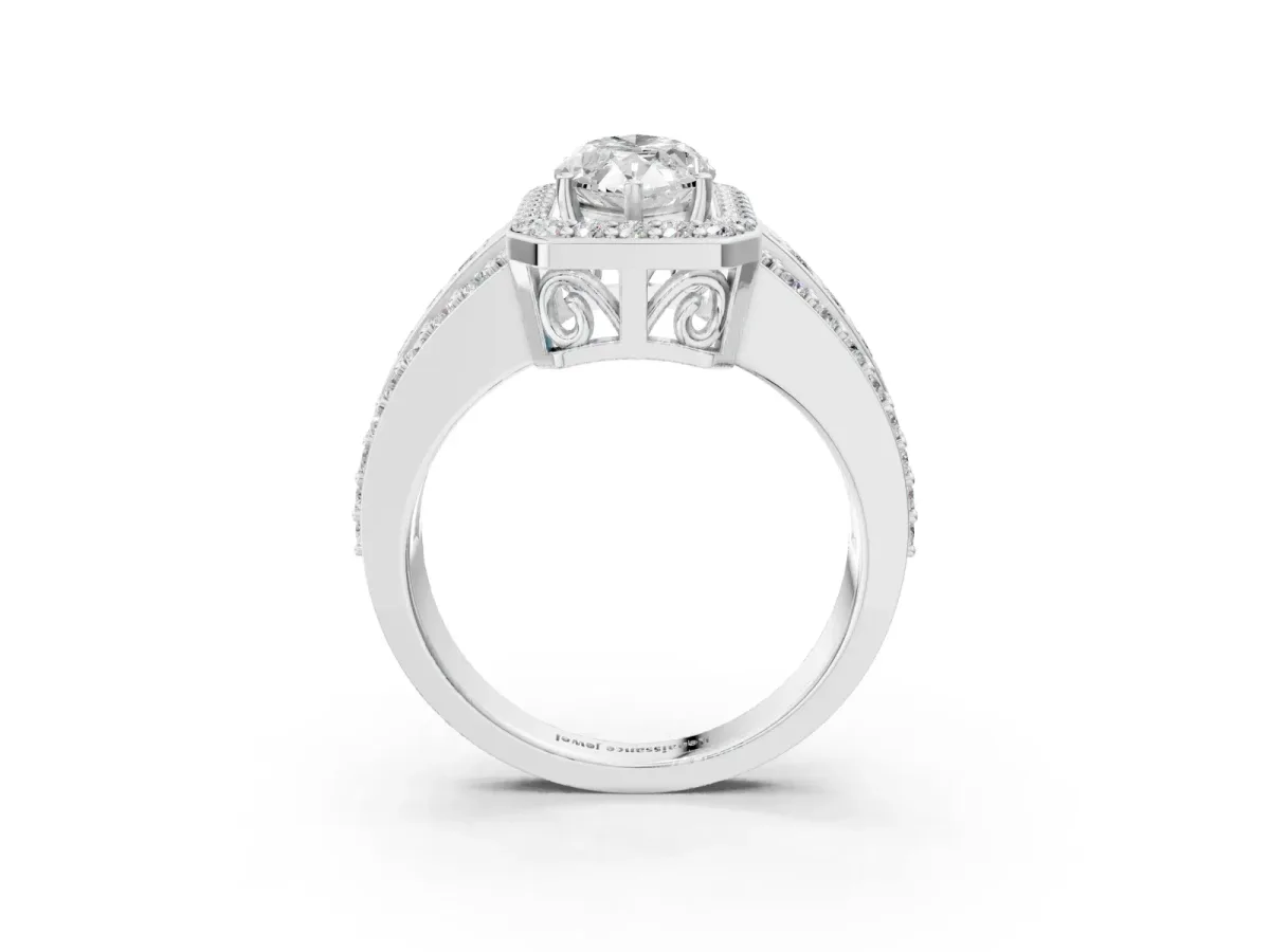 Marquise Cut Halo Diamond Ring with Round Split Shank and Prong Setting White gold