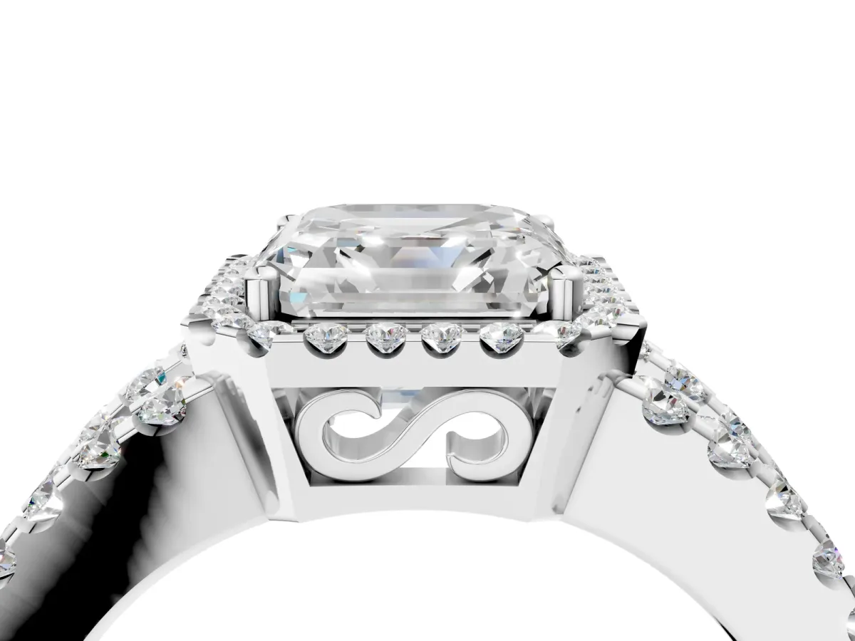 Asscher Cut Cut Halo Split Shank Diamond Ring with Four-Prong Setting Platinum