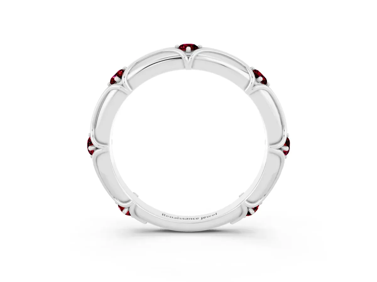 Round Garnet Prong Set Milgrain Eternity Band Silver
