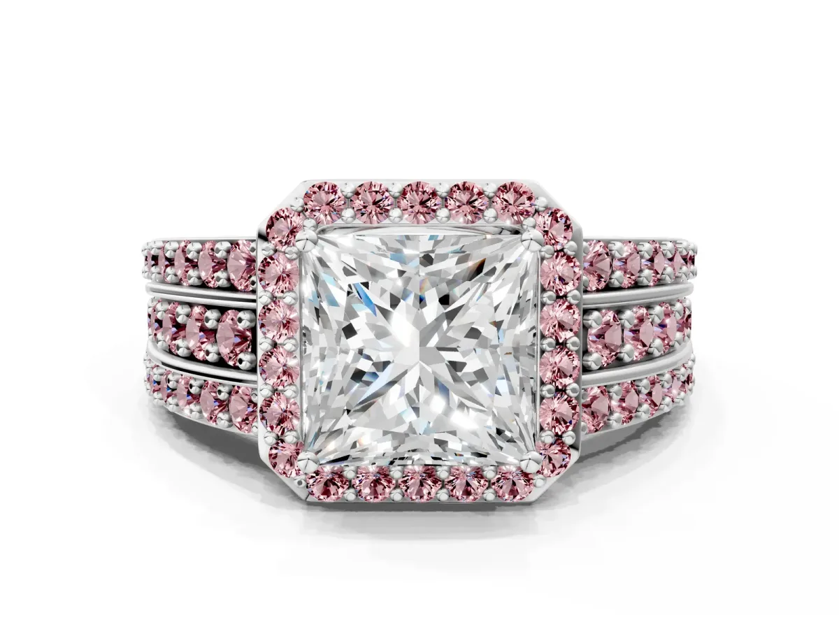 Princess Cut Halo Diamond Ring with Round Morganite Split Shank and Prong Setting Silver