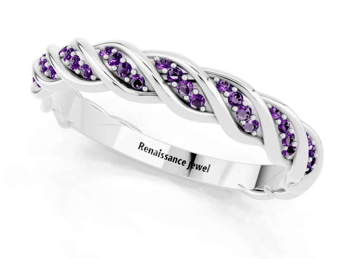 Twisted Pavé Round Amethyst Eternity Band with Shared Prong Setting White gold