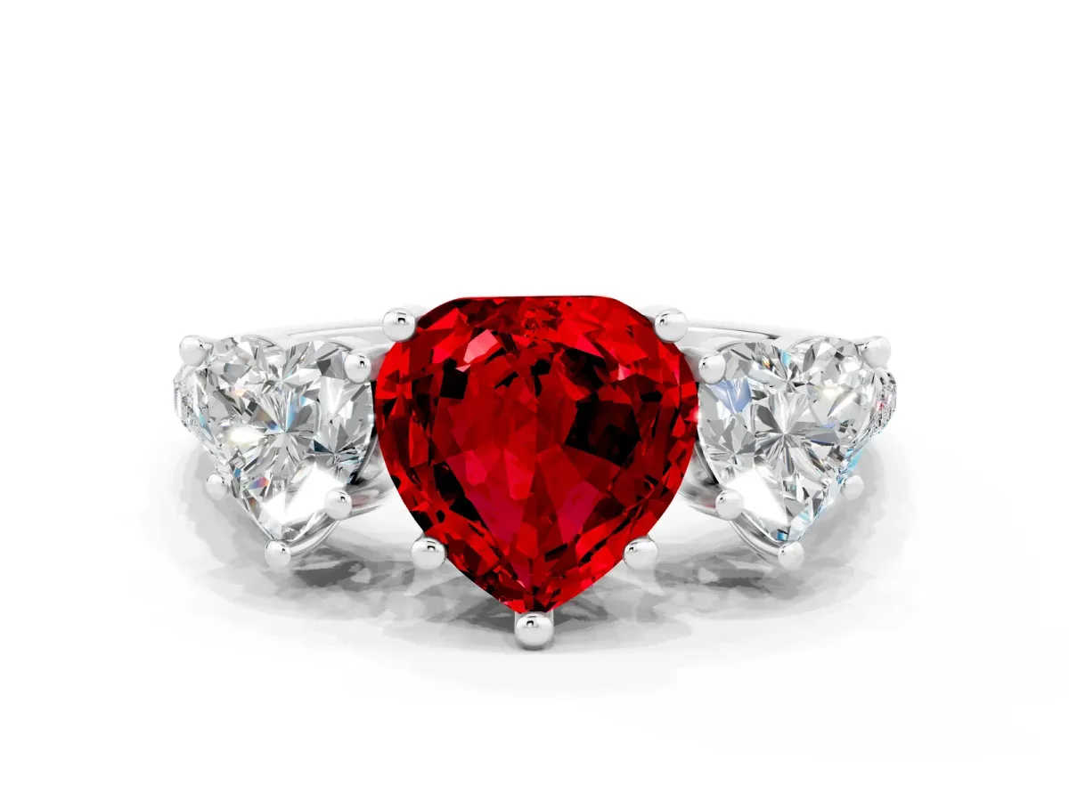 Three-Stone Heart Cut Ruby Ring with Round Pavé Band and Prong Setting White gold