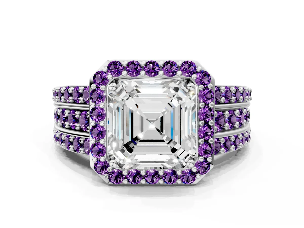 Asscher Cut Halo Diamond Ring with Round Amethyst Split Shank and Prong Setting Silver