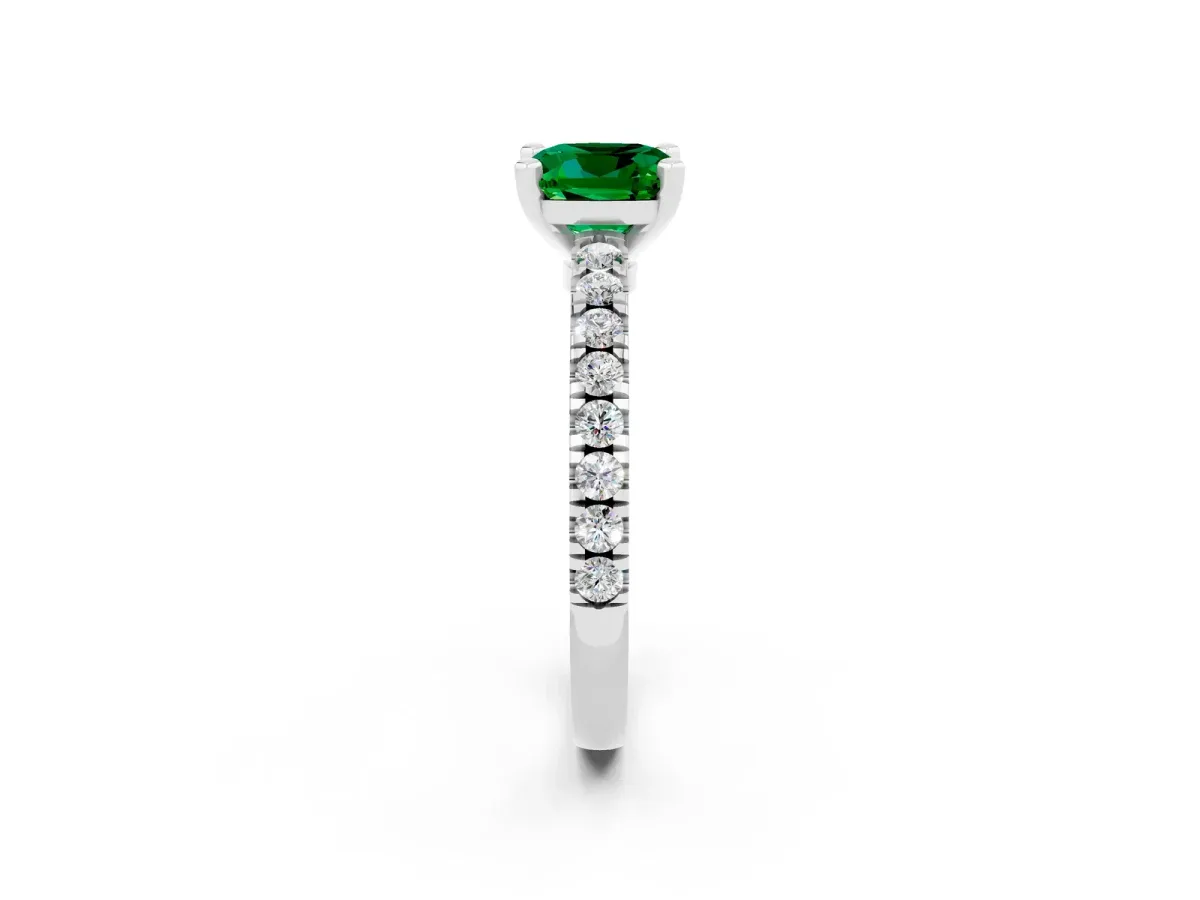 Cushion Cut Solitaire Emerald with Pavé Band and Four-Prong Setting Silver