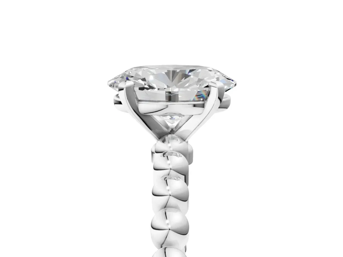 Oval Cut Diamond Solitaire Ring with Beaded Band and Prong Setting Silver