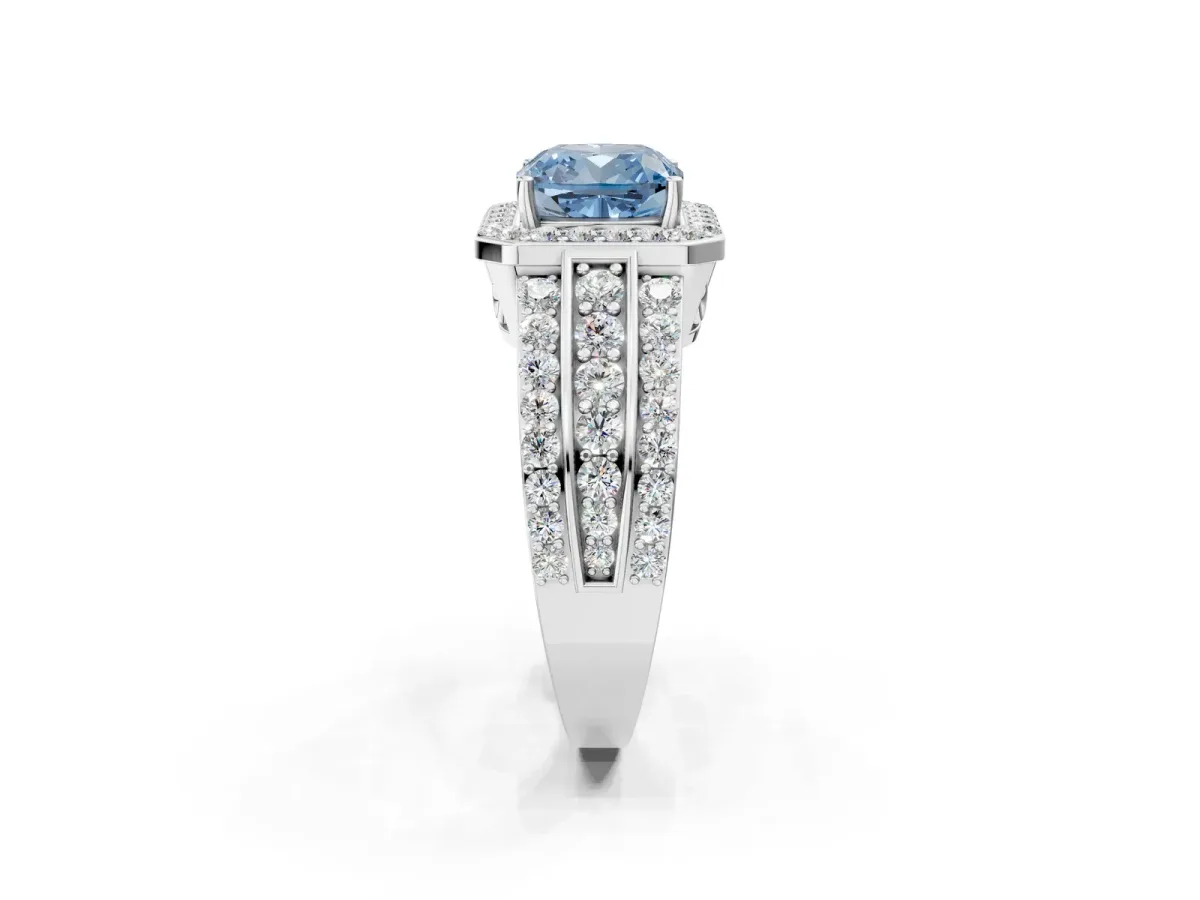 Fancy Blue Cushion Cut Halo Diamond Ring with Round Split Shank and Prong Setting Silver