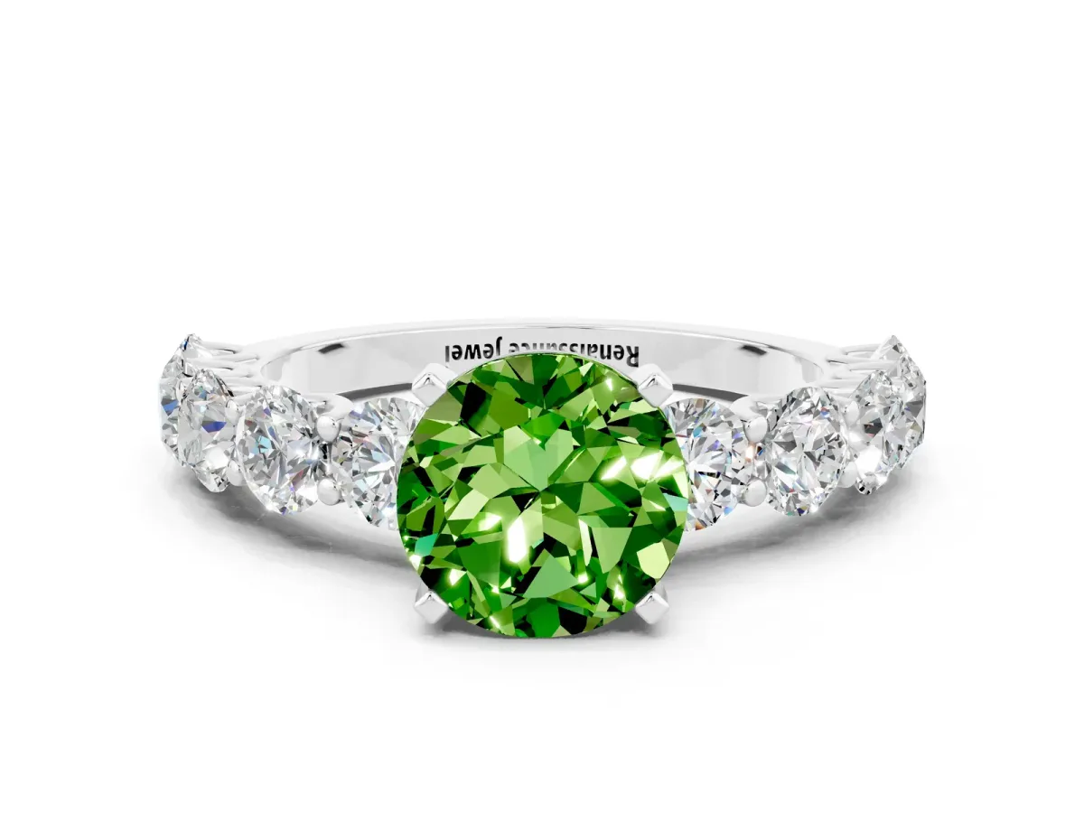 Round Cut Peridot Prong Setting with Side Stones on a Pave Band White gold