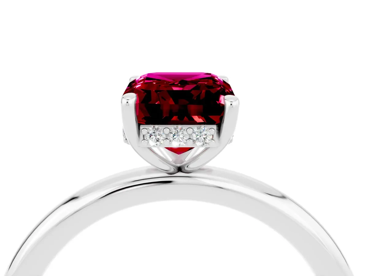 Emerald Cut Garnet Solitaire Ring with Thin Band and Four-Prong Setting White gold