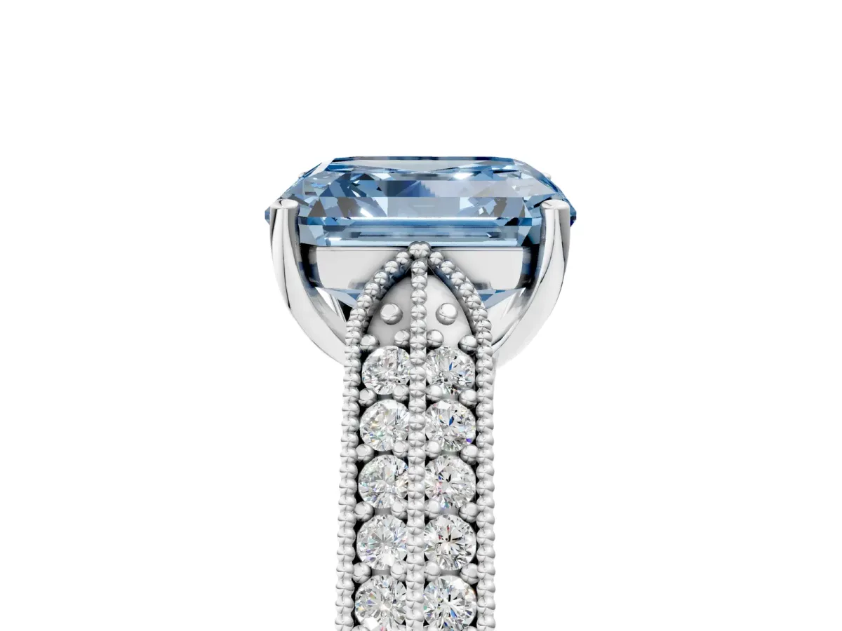 Fancy Blue Asscher Cut Cut Pave Split Shank Engagement Ring with Four-Prong Setting Platinum