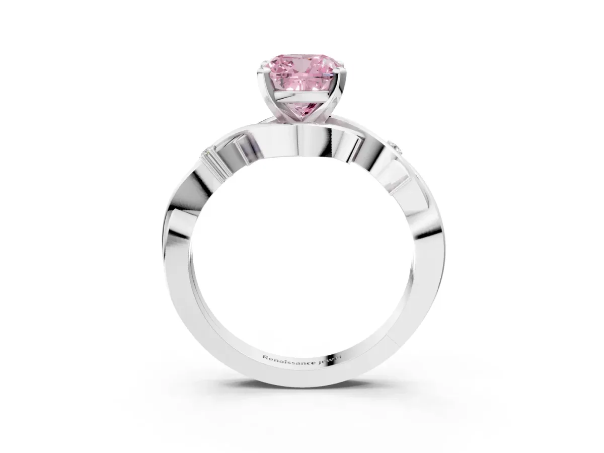 Fancy Pink Cushion Cut Diamond Solitaire Ring with Twisted Band and Prong Setting Silver