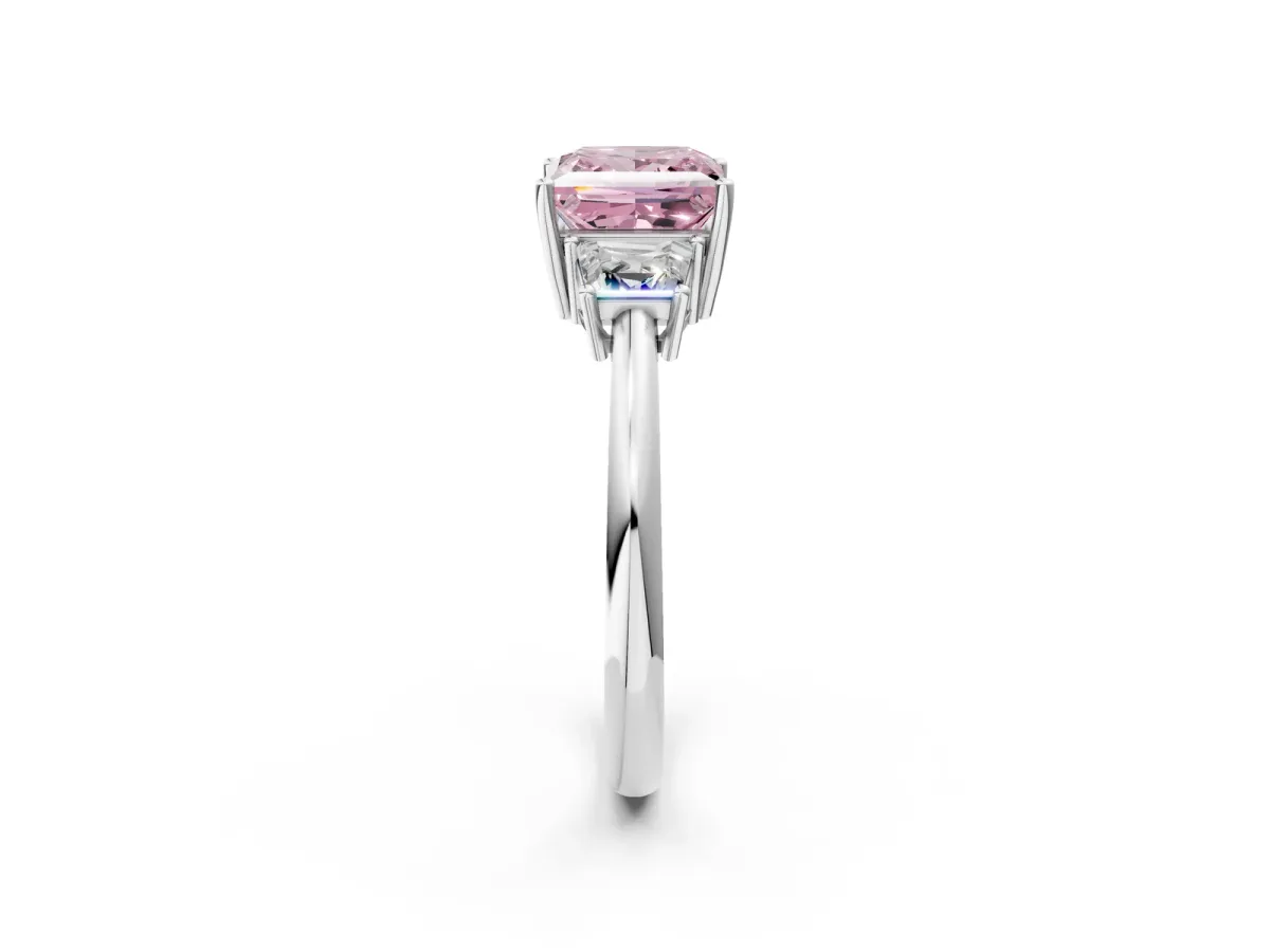 Fancy Pink Princess Cut Diamond Three-Stone Ring with Trapezoid Side Stones and Prong Setting Silver
