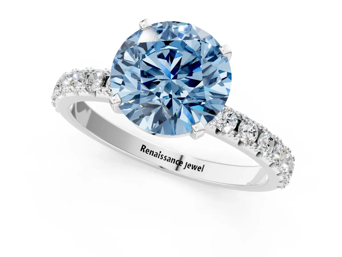 Fancy Blue Round Cut Diamond Solitaire Pavé Band with Four-Prong Setting Platinum