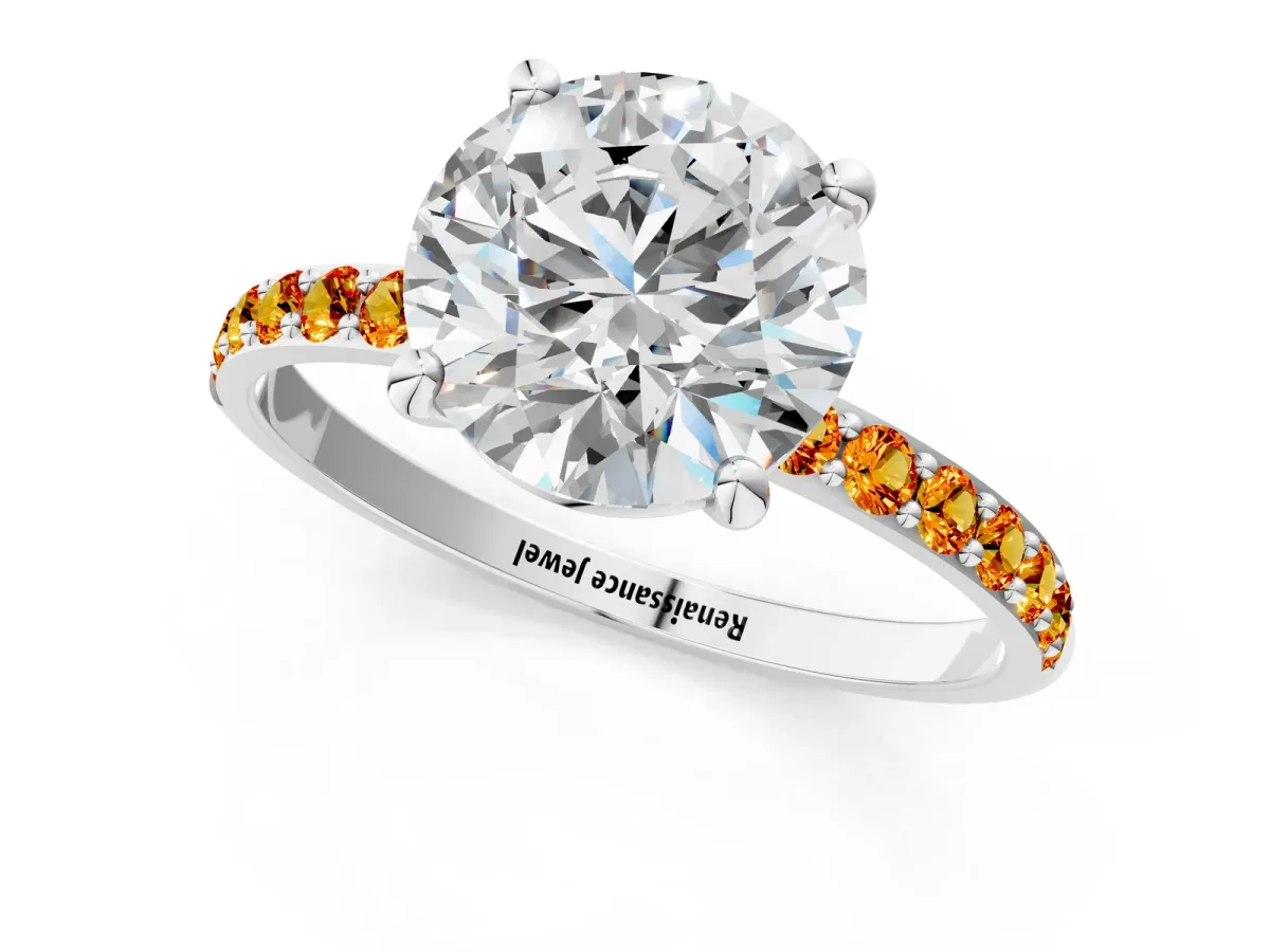 Round Cut Diamond Solitaire Ring with Round Citrine Pavé Band and Prong Setting Silver