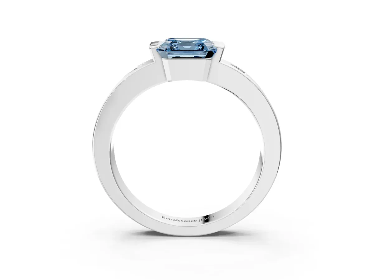 Fancy Blue Asscher Cut Brilliant Channel-Set Diamond Ring with Bezel Prong Setting Platinum