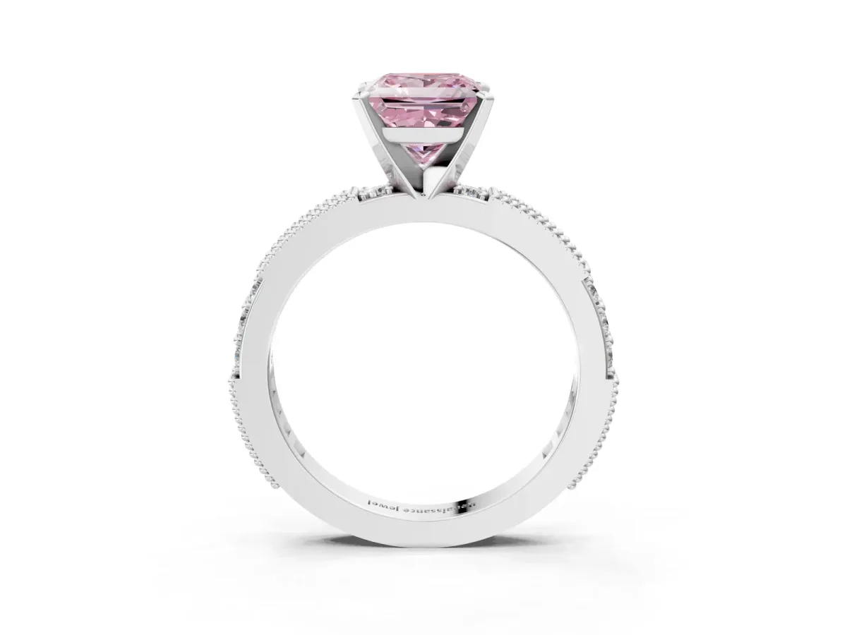 Fancy Pink Princess Cut Solitaire with Pavé Band and Four-Prong Setting Silver