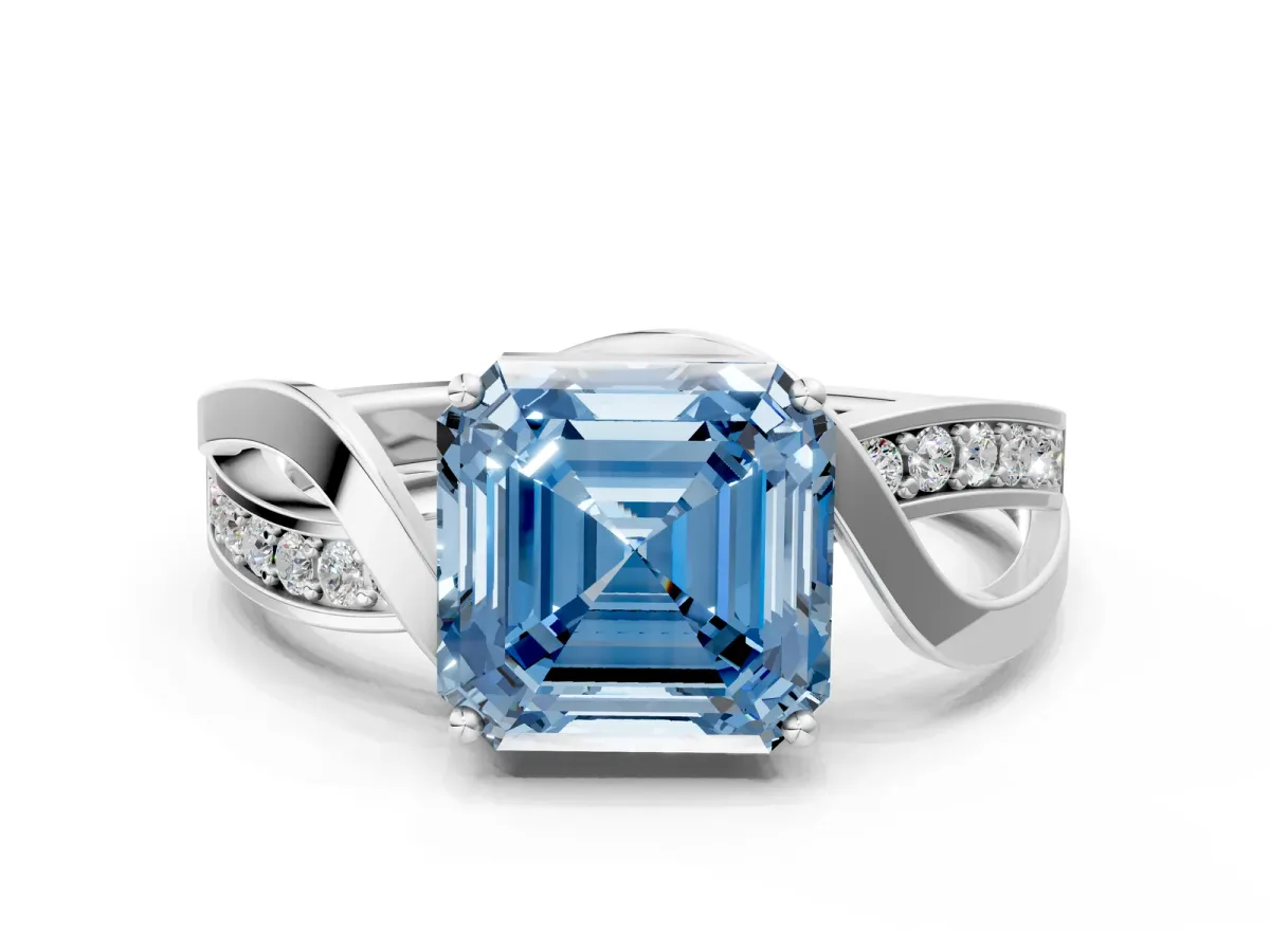 Fancy Blue Asscher Cut Solitaire Twisted Band with Prong Setting Platinum