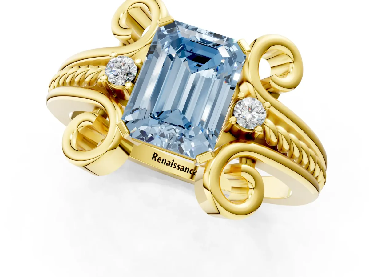 Fancy Blue Emerald Cut Solitaire Twisted Band Scroll Prong Ring Yellow gold