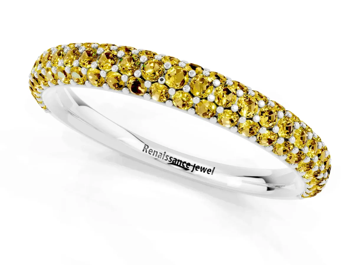 Round Yellow Sapphire Pavé Eternity Band with Shared Prong Setting Silver