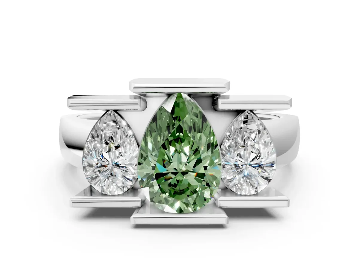 Fancy Green Three Stone Pear Cut Cut Channel Set Diamond Ring Silver