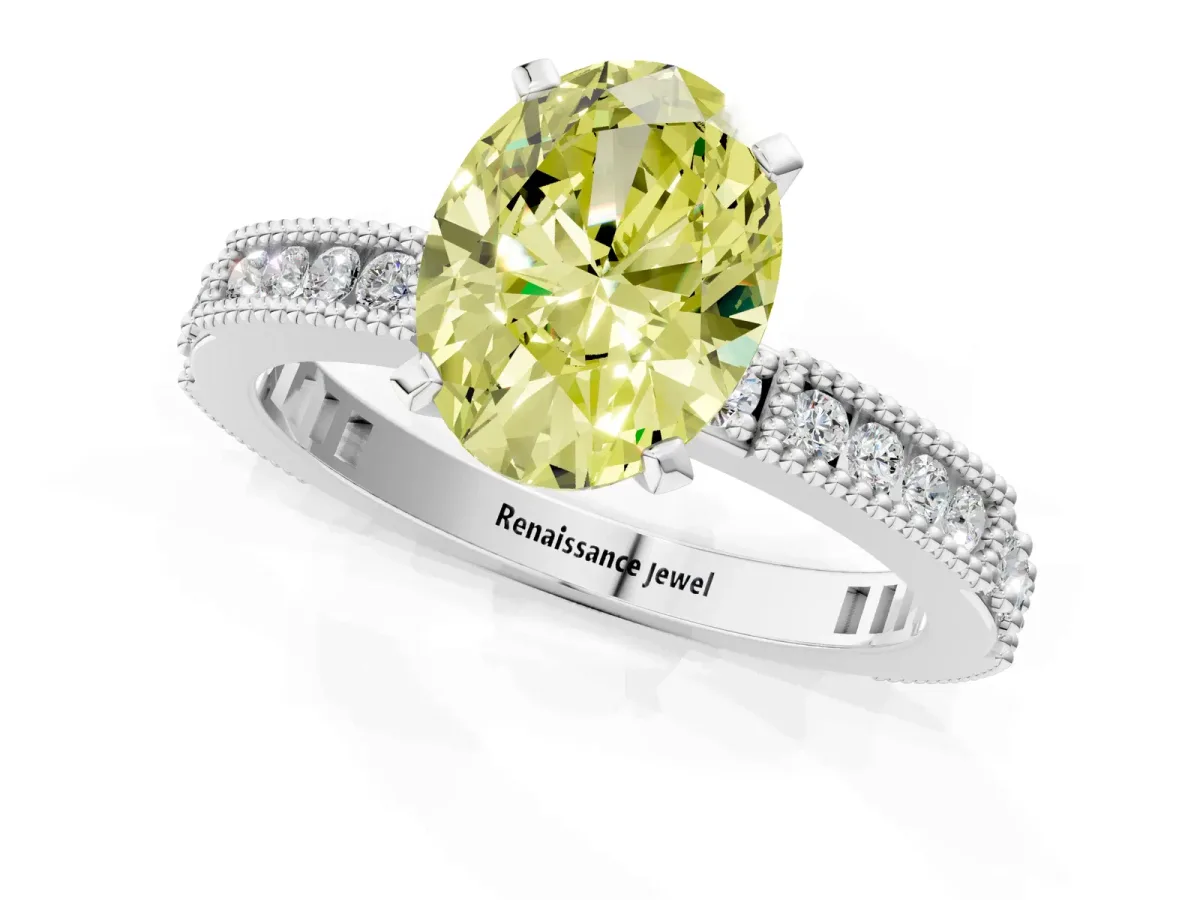 Fancy Yellow Oval Cut Solitaire with Pavé Band and Four-Prong Setting Silver