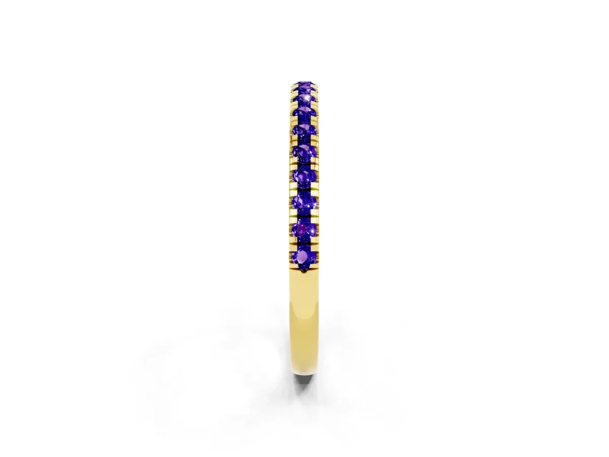 Pavé Round Tanzanite Half Eternity Band with Shared Prong Setting Yellow gold