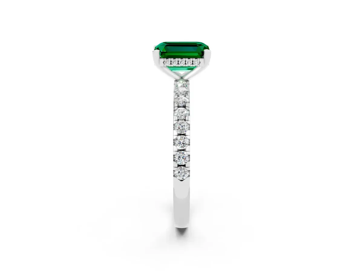 Emerald Cut Emerald Solitaire Ring with Round Pavé Band and Four-Prong Setting Silver