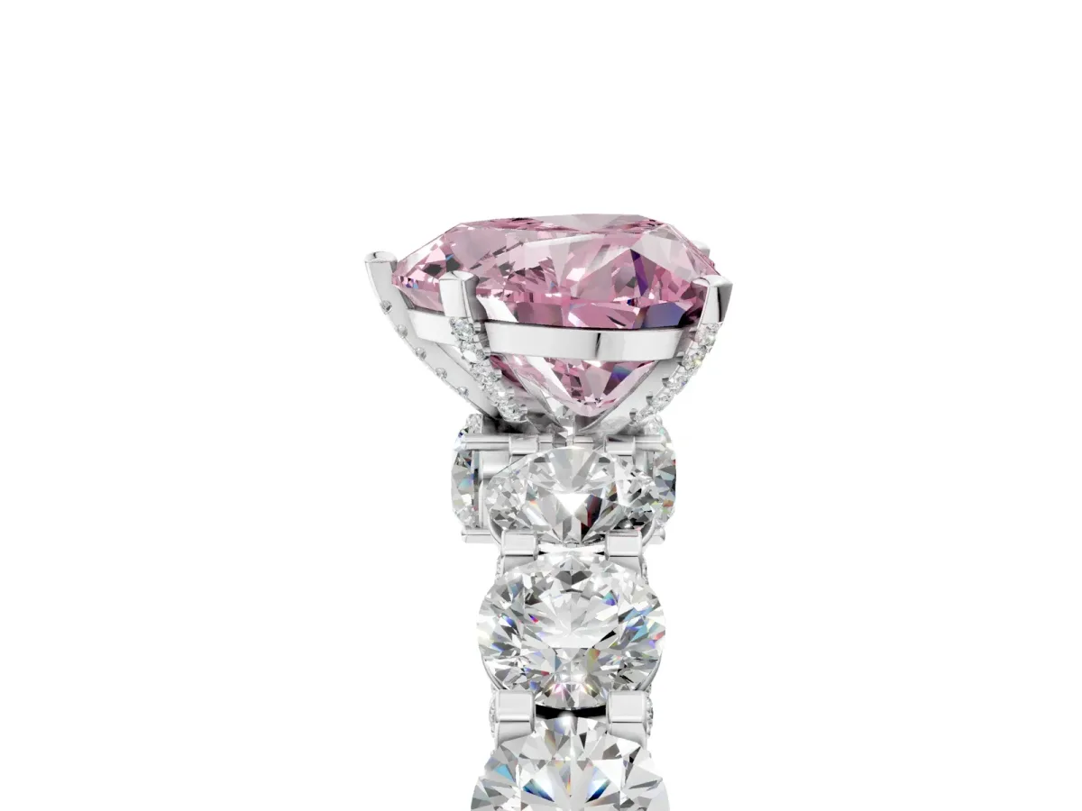 Fancy Pink Heart Cut Diamond Side Stone Engagement Ring with Four-Prong Setting Platinum