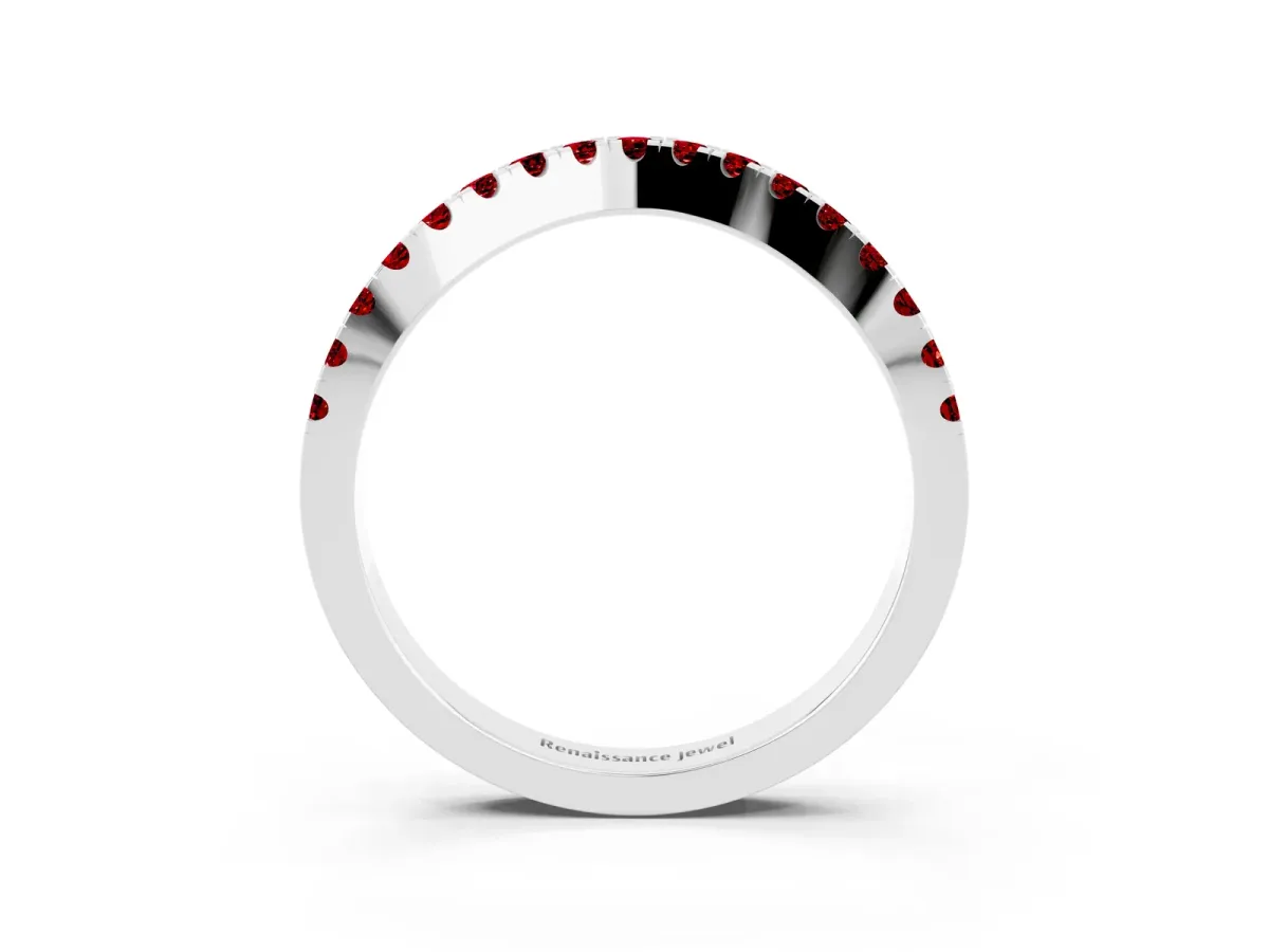 Round Ruby Pavé Curved Band with Shared Prong Setting Platinum