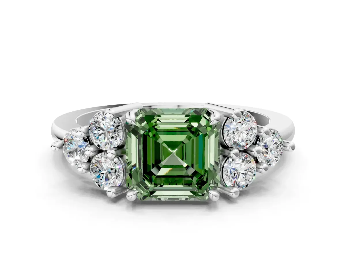 Fancy Green Asscher Cut Brilliant Diamond Cluster Accent Solitaire Ring with Prong Setting Platinum