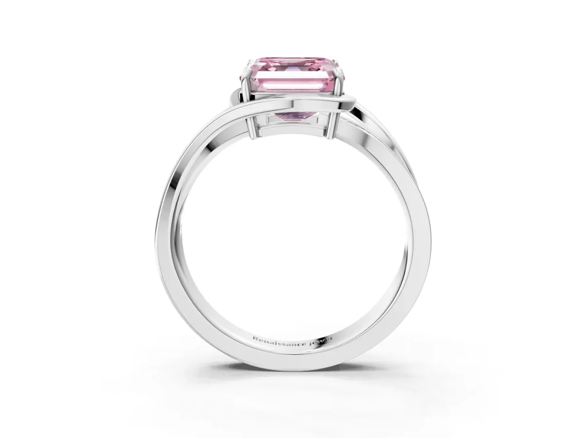 Fancy Pink Asscher Cut Diamond Solitaire Ring with Split Shank and Prong Setting Platinum