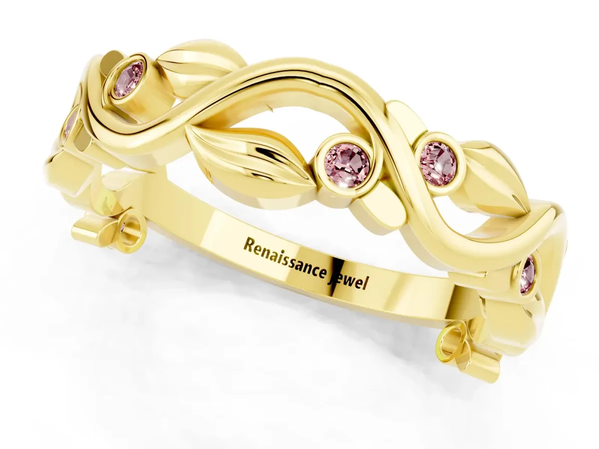 Round Morganite Leaf Eternity Band with Bezel Setting Yellow gold
