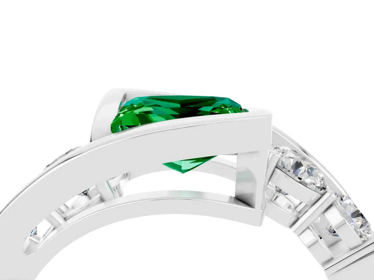 Bezel Set Princess Cut Emerald Bypass Ring with Round Accents Platinum