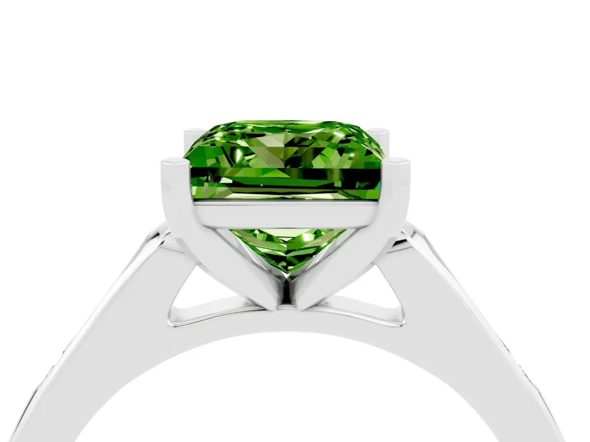 Princess Cut Peridot Solitaire Ring with Channel Set Round Band and Prong Setting Silver