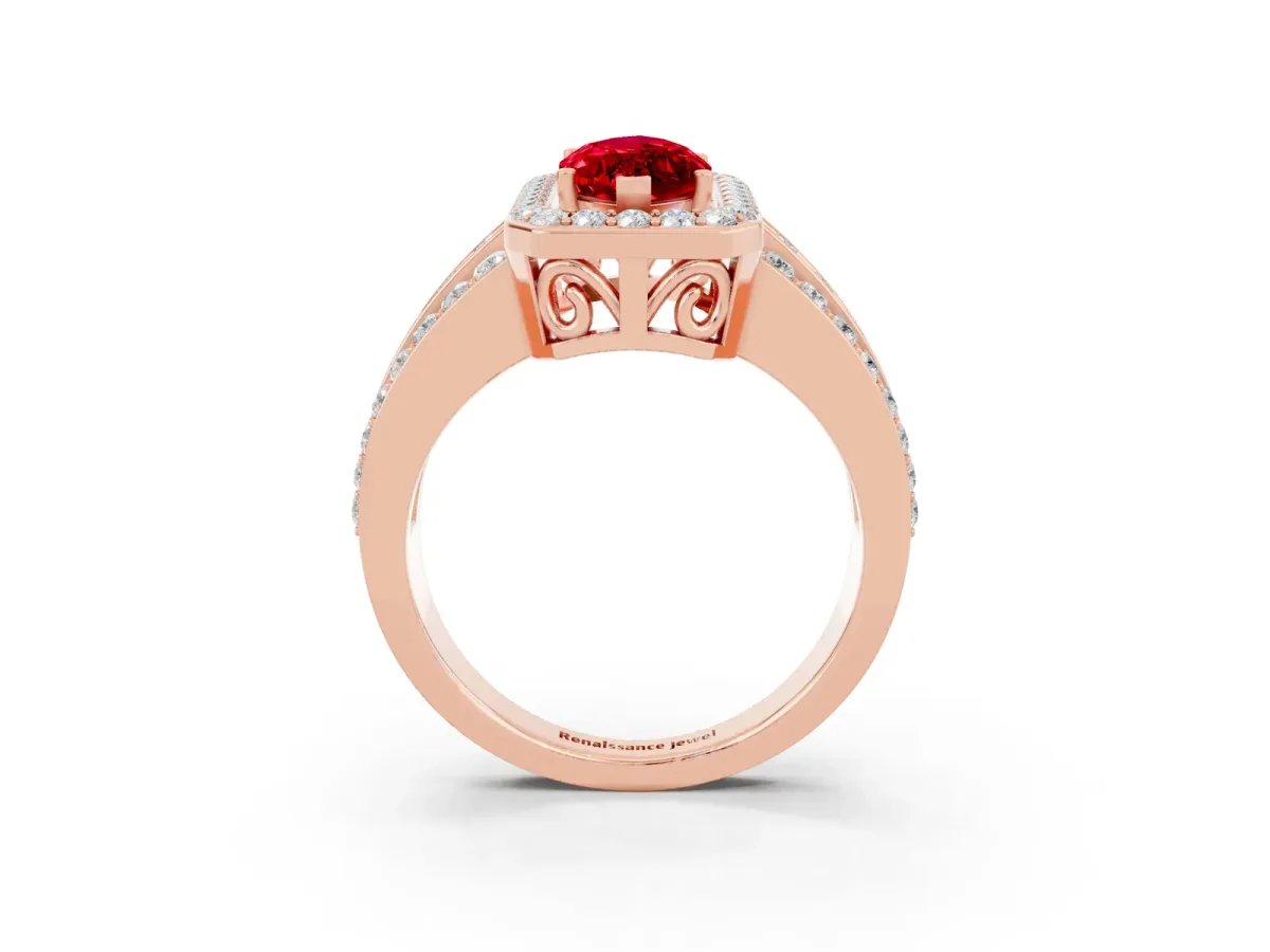 Marquise Cut Halo Ruby Ring with Round Split Shank and Prong Setting Rose gold