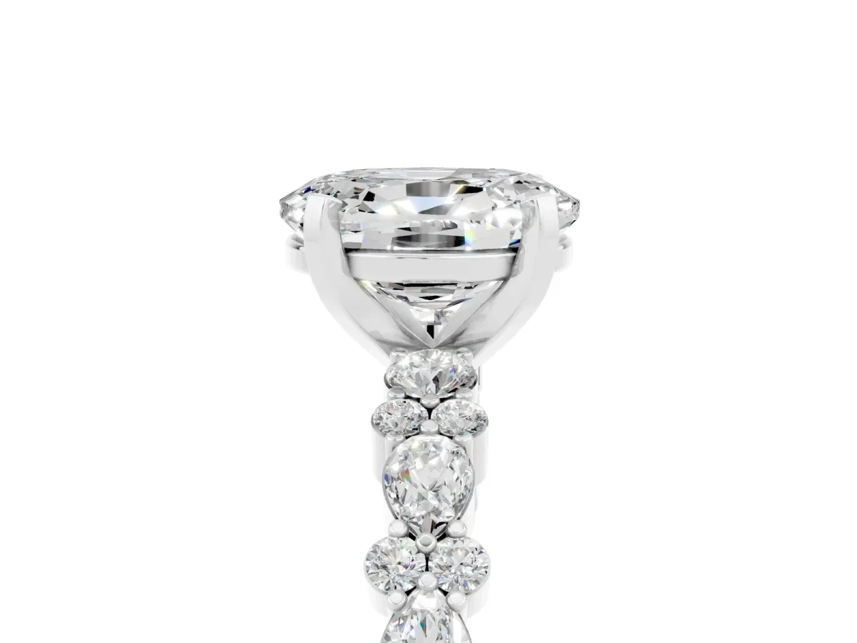 Oval Cut Moissanite Side Stone Solitaire Ring with Round and Four-Prong Setting White gold