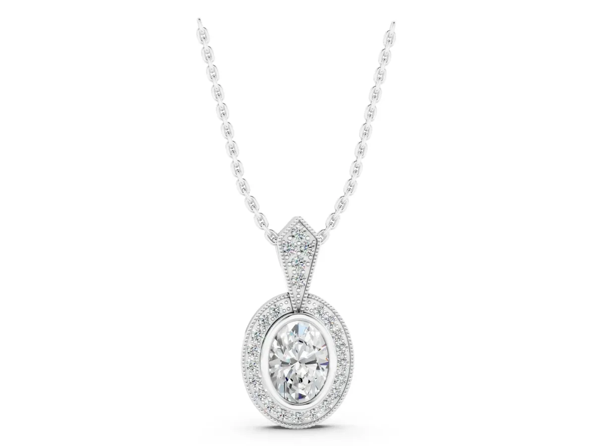Oval Halo Pavé Diamond Pendant Silver