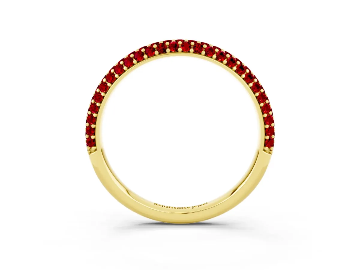 Round Ruby Pavé Eternity Band with Shared Prong Setting Yellow gold