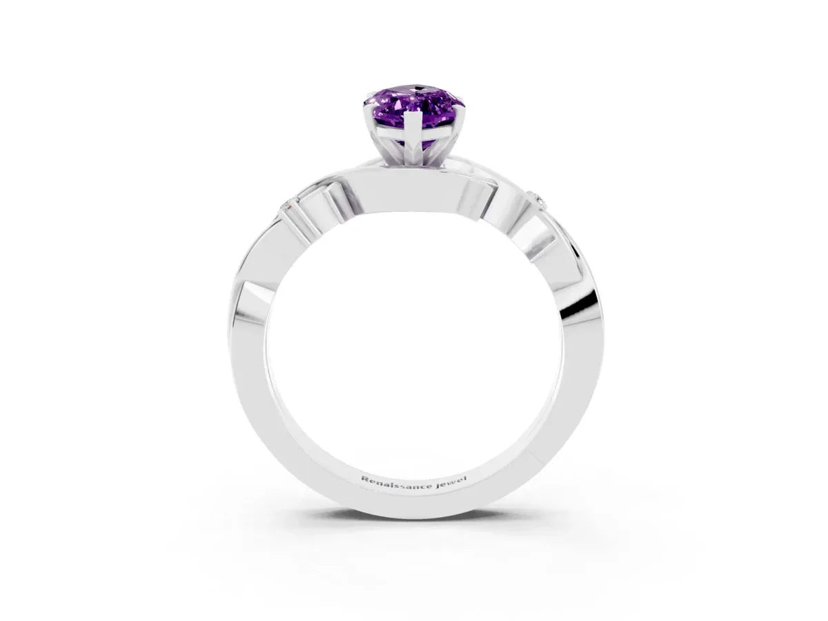 Marquise Cut Amethyst Solitaire Ring with Twisted Band and Prong Setting White gold