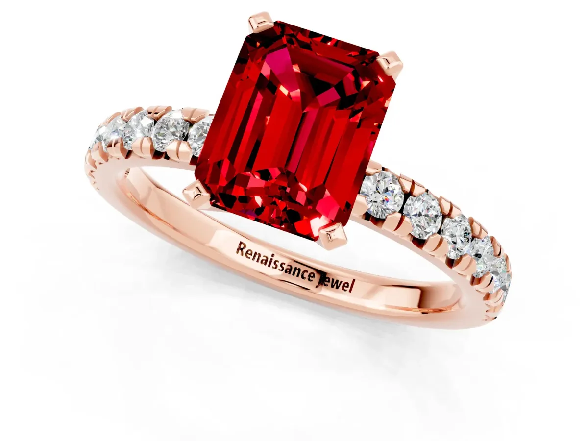 Emerald Cut Ruby Solitaire Pavé Engagement Ring with Round Band and Prong Setting Rose gold