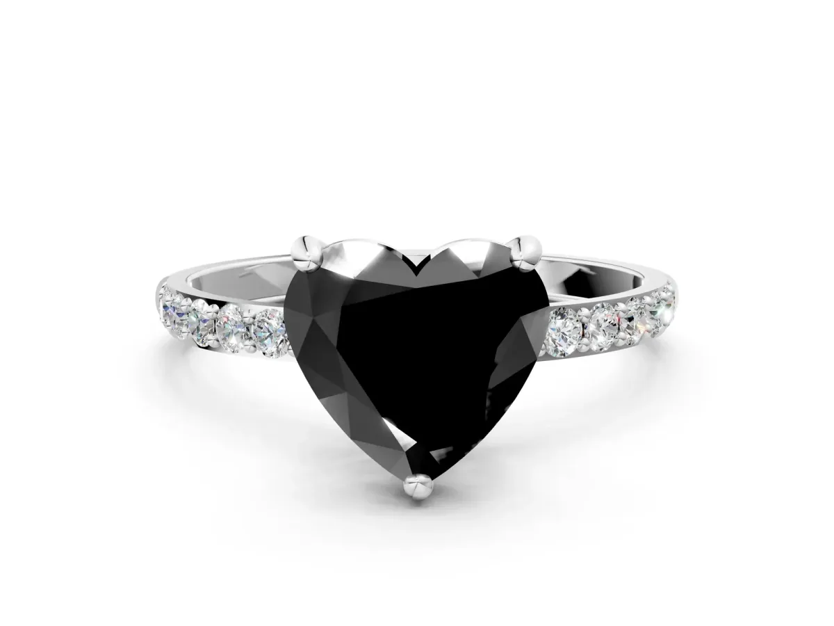 Fancy Black Heart Cut Diamond Solitaire Ring with Round Pavé Band and Prong Setting Silver
